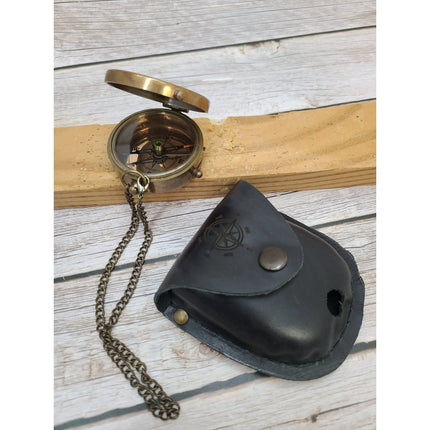 Antique Compass, Compass in Leather Pouch, Vintage Compass, Compass with Chain, Pocket Compass, - Pink Horse Florida