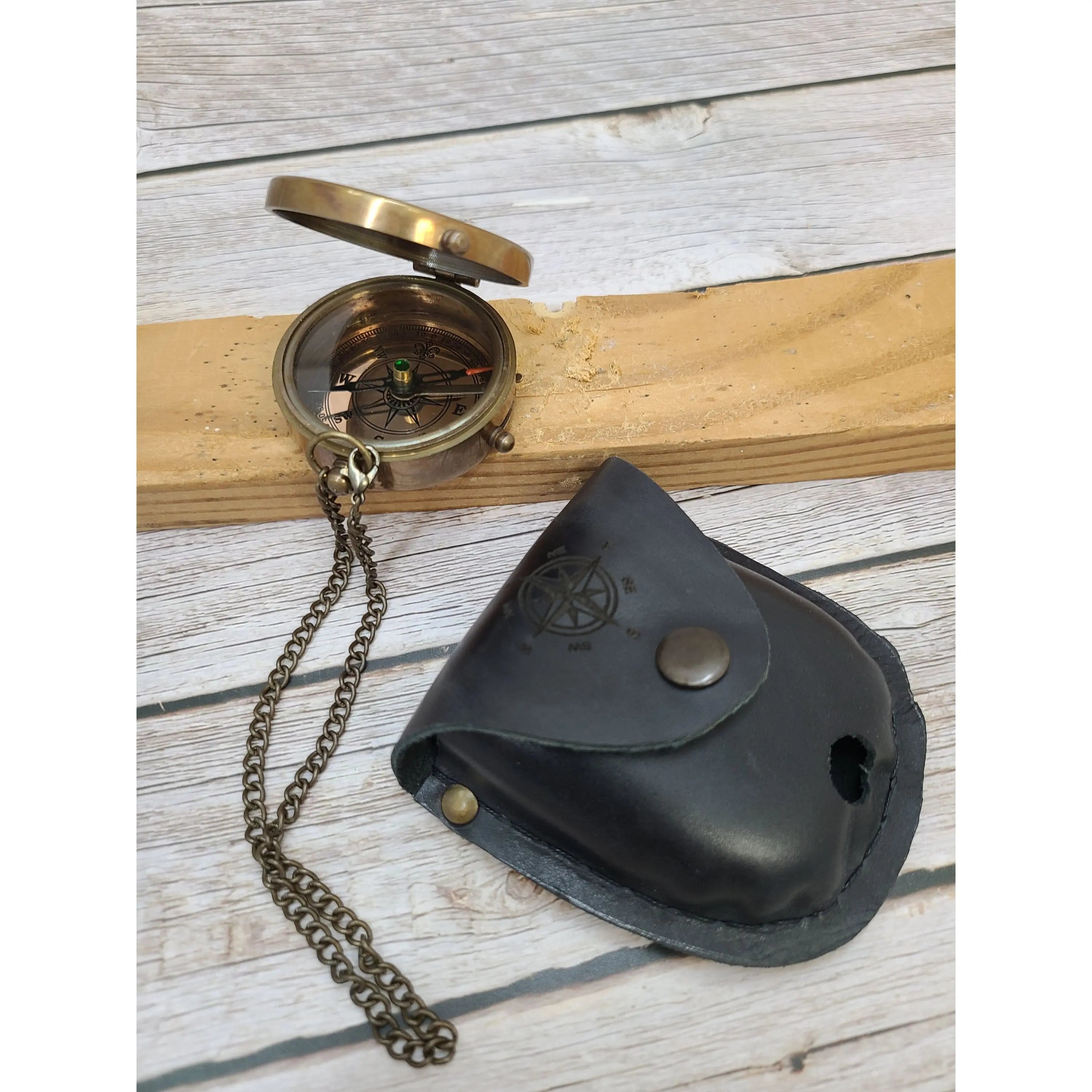 Antique Compass, Compass in Leather Pouch, Vintage Compass, Compass with Chain, Pocket Compass, - Pink Horse Florida