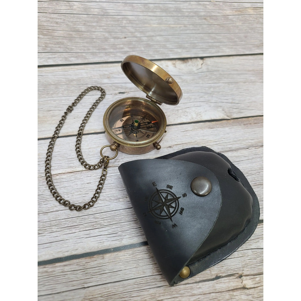 Antique Compass, Compass in Leather Pouch, Vintage Compass, Compass with Chain, Pocket Compass, - Pink Horse Florida