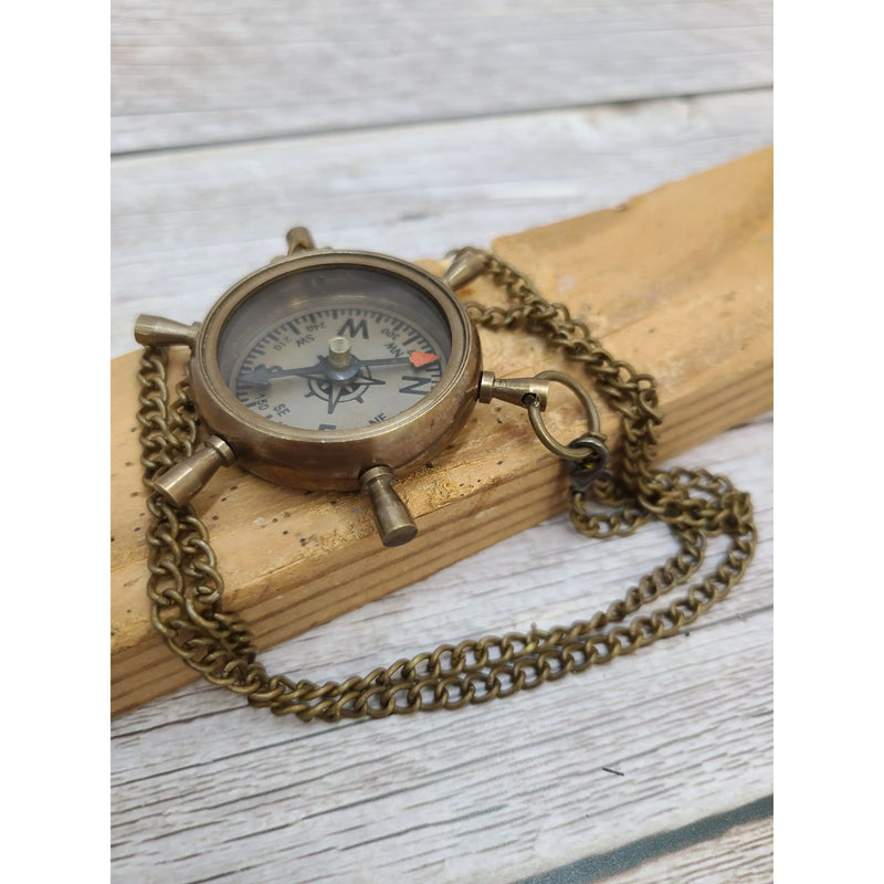 Antique Compass, Compass Necklace, Ship Wheel Compass, Compass with Chain, Pocket Compass, Brass - Pink Horse Florida