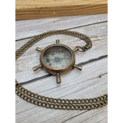 Antique Compass, Compass Necklace, Ship Wheel Compass, Compass with Chain, Pocket Compass, Brass - Pink Horse Florida