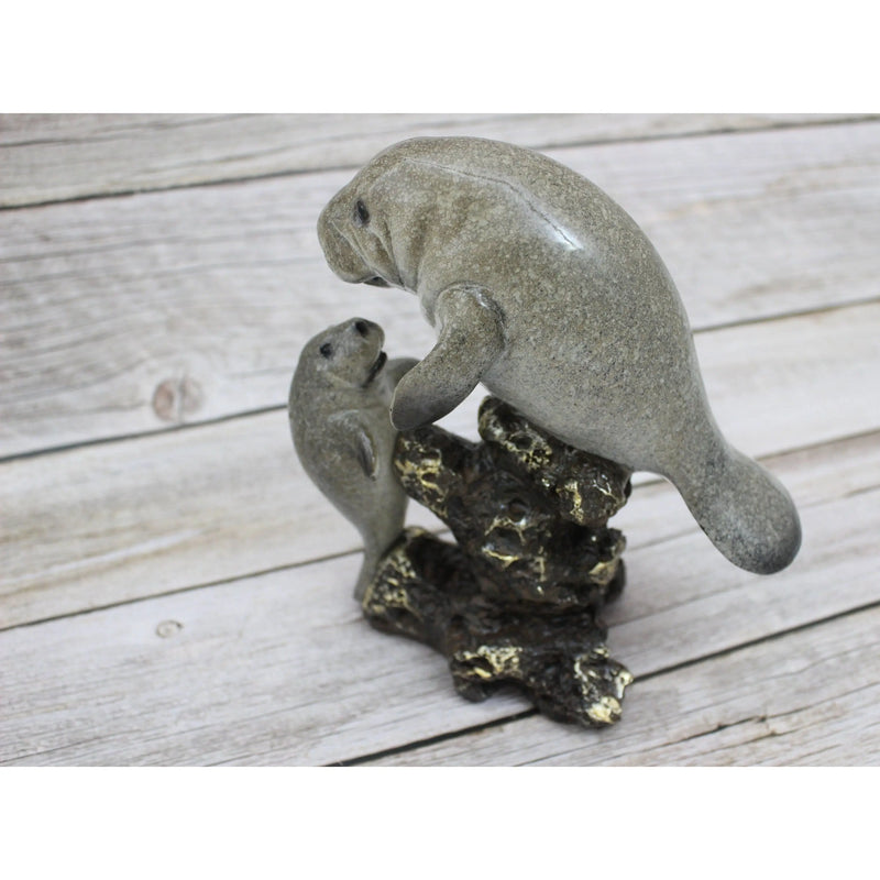 Manatee Figurine, Manatee Figure, Nautical Grey Statue Figurine, Mama and Baby Manatee, Manatee with - Pink Horse Florida